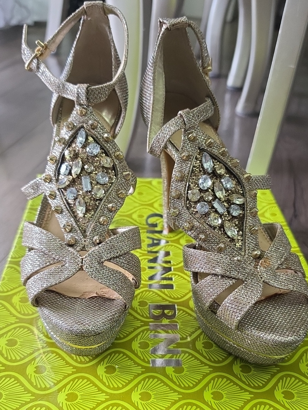 Gianni Bini Metallic Gold Jeweled Platform Heels